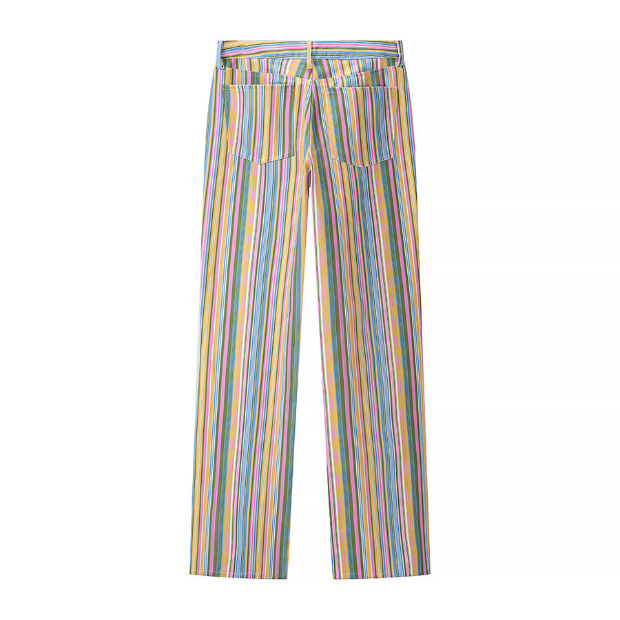 Women's straight-cut high-waisted pants with vertical multi-stripe pattern and five-pocket cut Fashion Glam