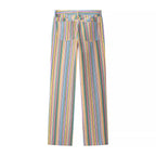 Women's straight-cut high-waisted pants with vertical multi-stripe pattern and five-pocket cut Fashion Glam