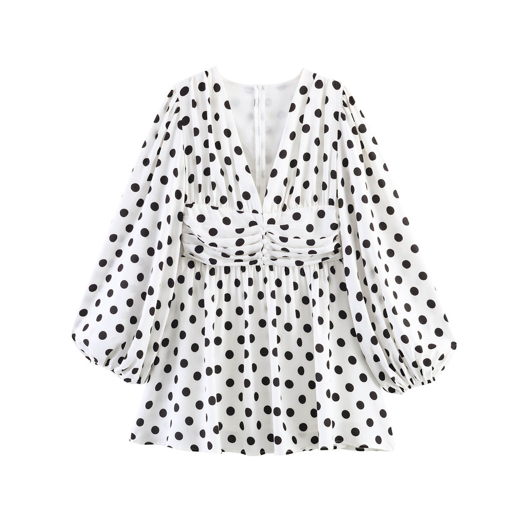 Ladies Polka Dot Blouse with Deep V-Neck, Gathered Waistline and Voluminous Balloon Sleeves Fashion Glam