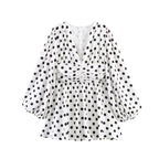 Ladies Polka Dot Blouse with Deep V-Neck, Gathered Waistline and Voluminous Balloon Sleeves Fashion Glam