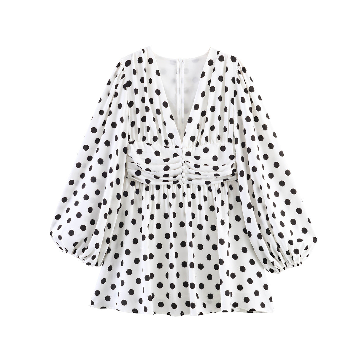 Ladies Polka Dot Blouse with Deep V-Neck, Gathered Waistline and Voluminous Balloon Sleeves Fashion Glam