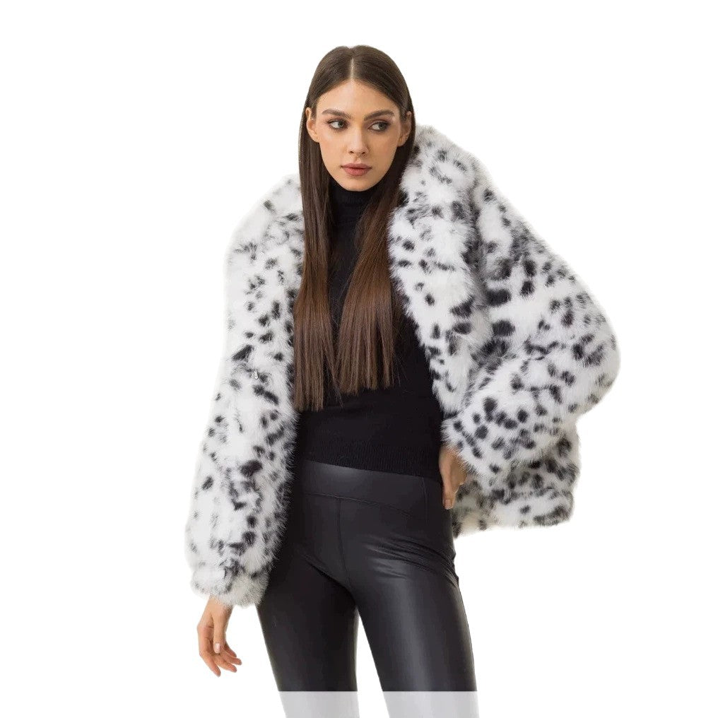 Women Short Hooded Faux Fur Jacket with Boxy Silhouette and Polka Dot Shaggy Texture Fashion Glam