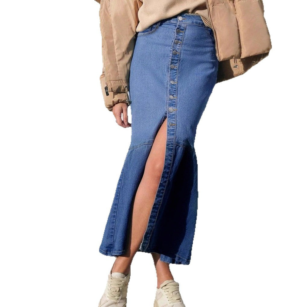 Women High-Waisted Maxi Denim Skirt with Continuous Button Placket and High Front Slit Fashion Glam