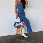 Ladies High-Waist Maxi Skirt made of Denim with front decorative seam and side leg slit Fashion Glam