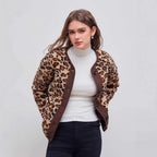Ladies short jacket with leopard print and teddy fleece button placket Fashion Glam