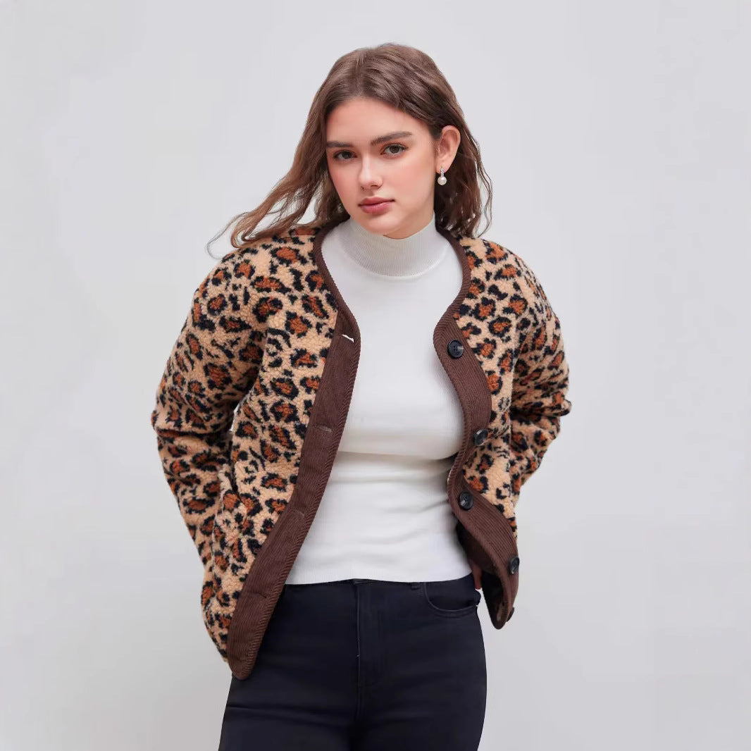 Ladies short jacket with leopard print and teddy fleece button placket Fashion Glam