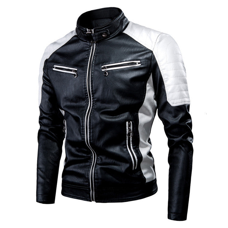 Men's Slim Fit Motorcycle Faux Leather Jacket with Contrast Panels, Quilted Shoulders and Zipper Pockets Fashion Glam