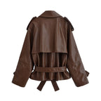 Women's Cropped Double-Breasted Faux Leather Trench with Waist Belt and Shoulder Epaulettes Fashion Glam
