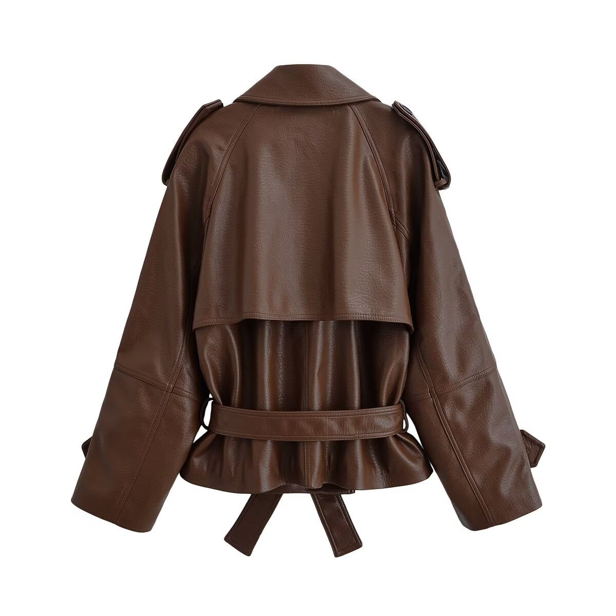 Women's Cropped Double-Breasted Faux Leather Trench with Waist Belt and Shoulder Epaulettes Fashion Glam