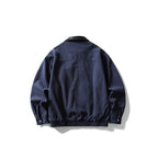 Men's Boxy Worker Jacket with Faux Leather Collar, Full-Length Zipper and Elastic Hem Fashion Glam