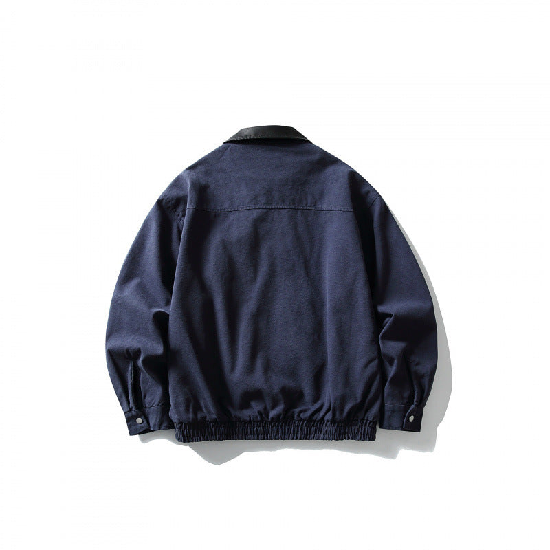 Men's Boxy Worker Jacket with Faux Leather Collar, Full-Length Zipper and Elastic Hem Fashion Glam