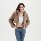 Women's Cropped Faux Fur Jacket with Horizontal Panel Structure and Zipper Fashion Glam