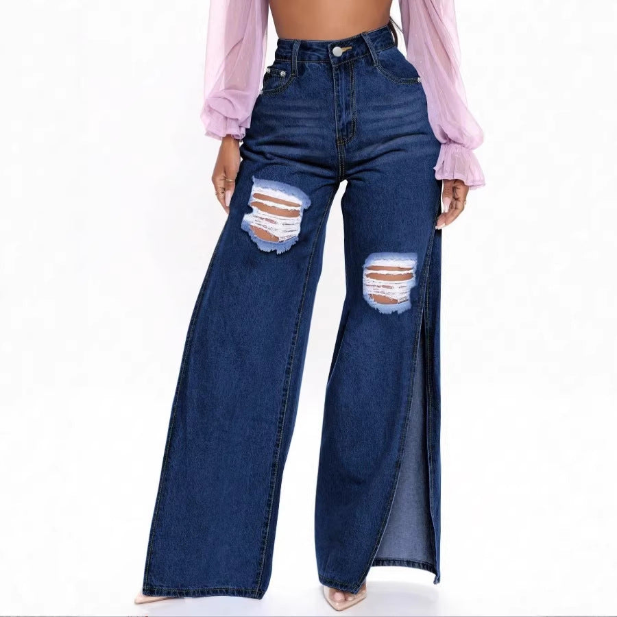 Women's High-Waisted Wide-Leg Jeans with Side Thigh Slits and Knee Rips Fashion Glam