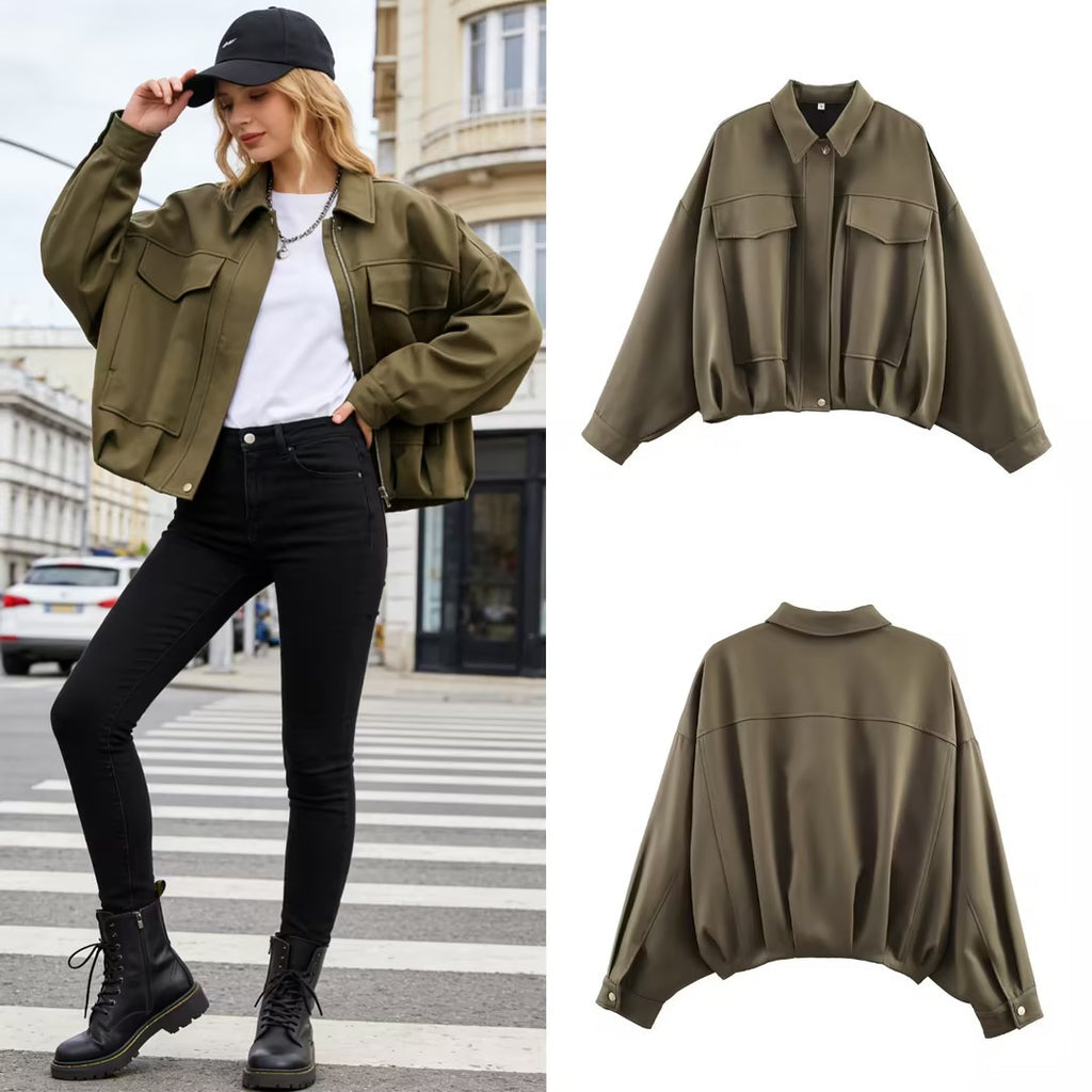 Women's Oversized Short Jacket with Flap Pockets, Drop Sleeves, and Elastic Hem Fashion Glam