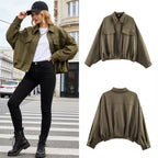 Women's Oversized Short Jacket with Flap Pockets, Drop Sleeves, and Elastic Hem Fashion Glam