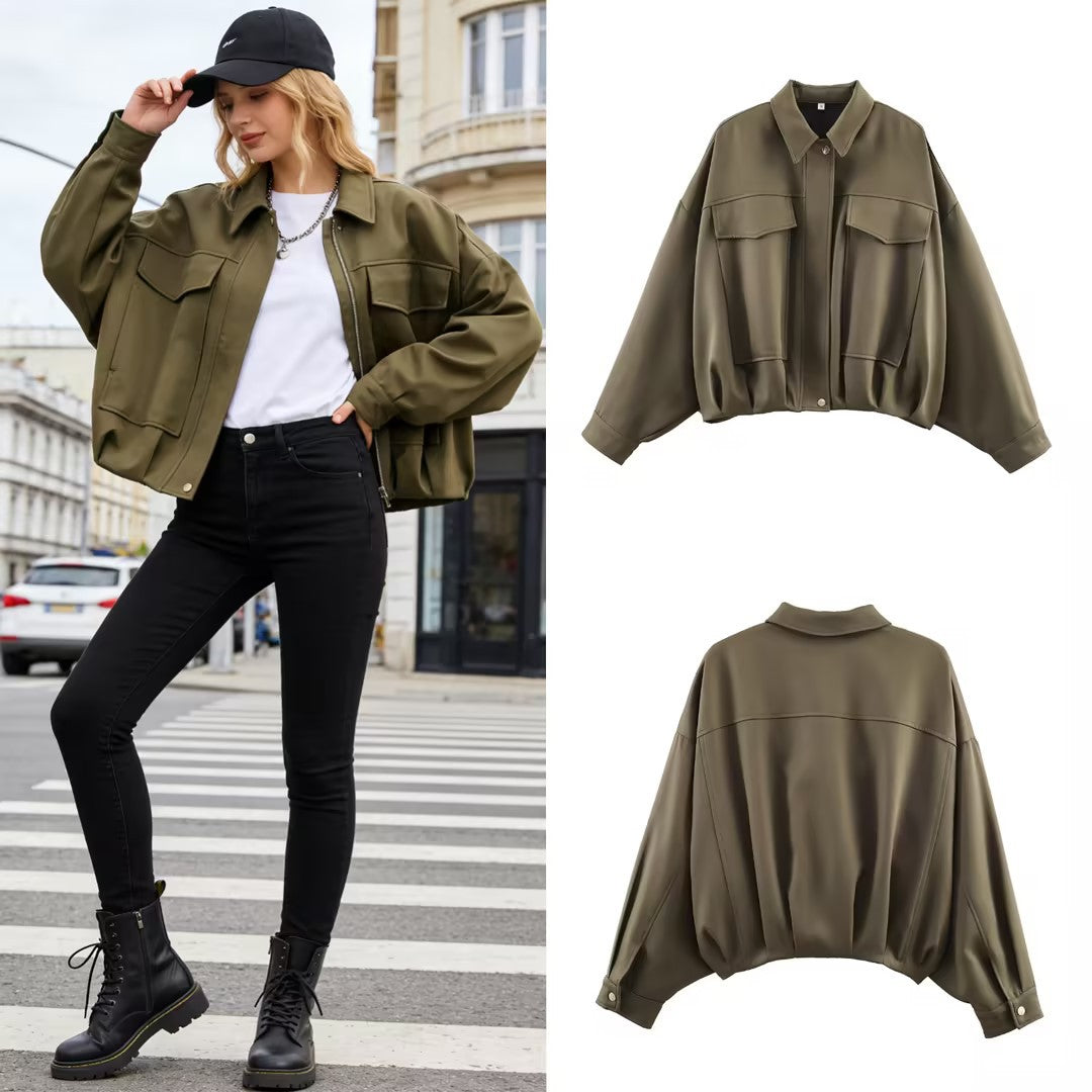 Women's Oversized Short Jacket with Flap Pockets, Drop Sleeves, and Elastic Hem Fashion Glam