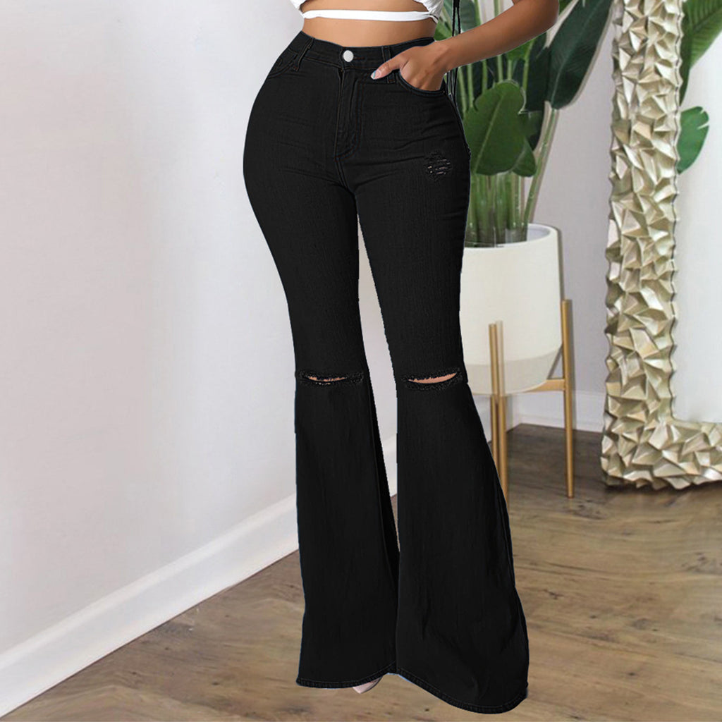 Women's high-waisted flared pants made of stretch denim with knee rips and shaping waistband Fashion Glam