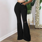 Women's high-waisted flared pants made of stretch denim with knee rips and shaping waistband Fashion Glam
