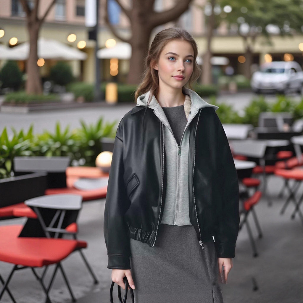 Women Oversize Faux Leather Blouson with Hood Insert and Flap Pockets Fashion Glam