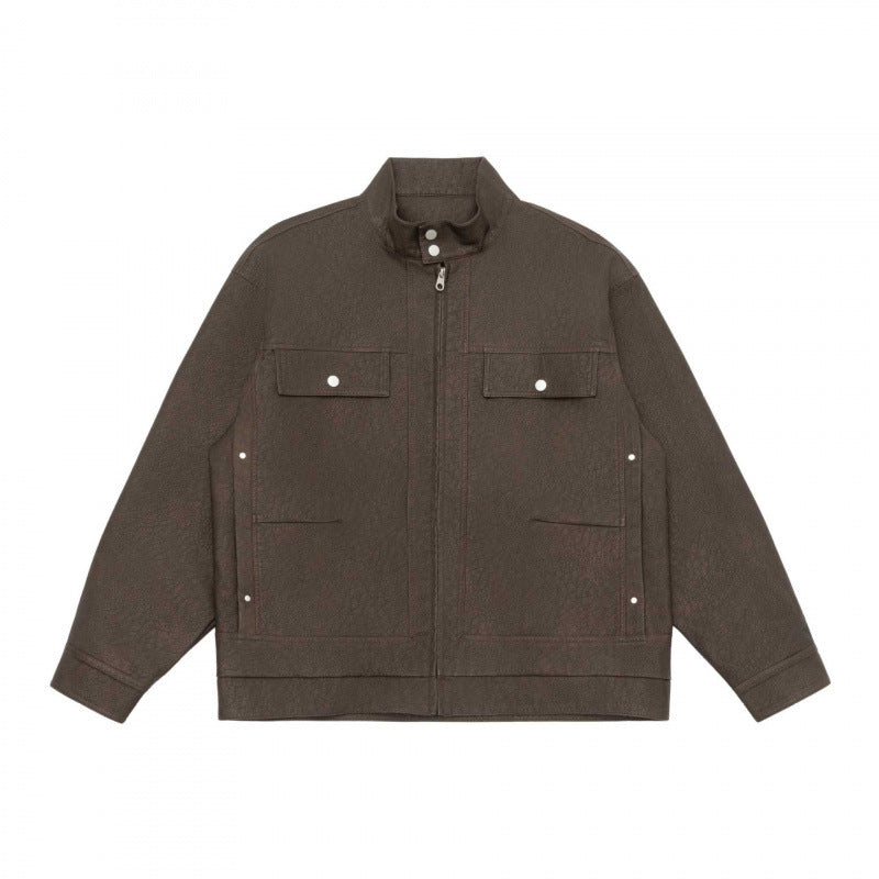Unisex Boxy Shirt Jacket in Worker Style with Stand Collar, Front Zipper and Flap Pockets Fashion Glam