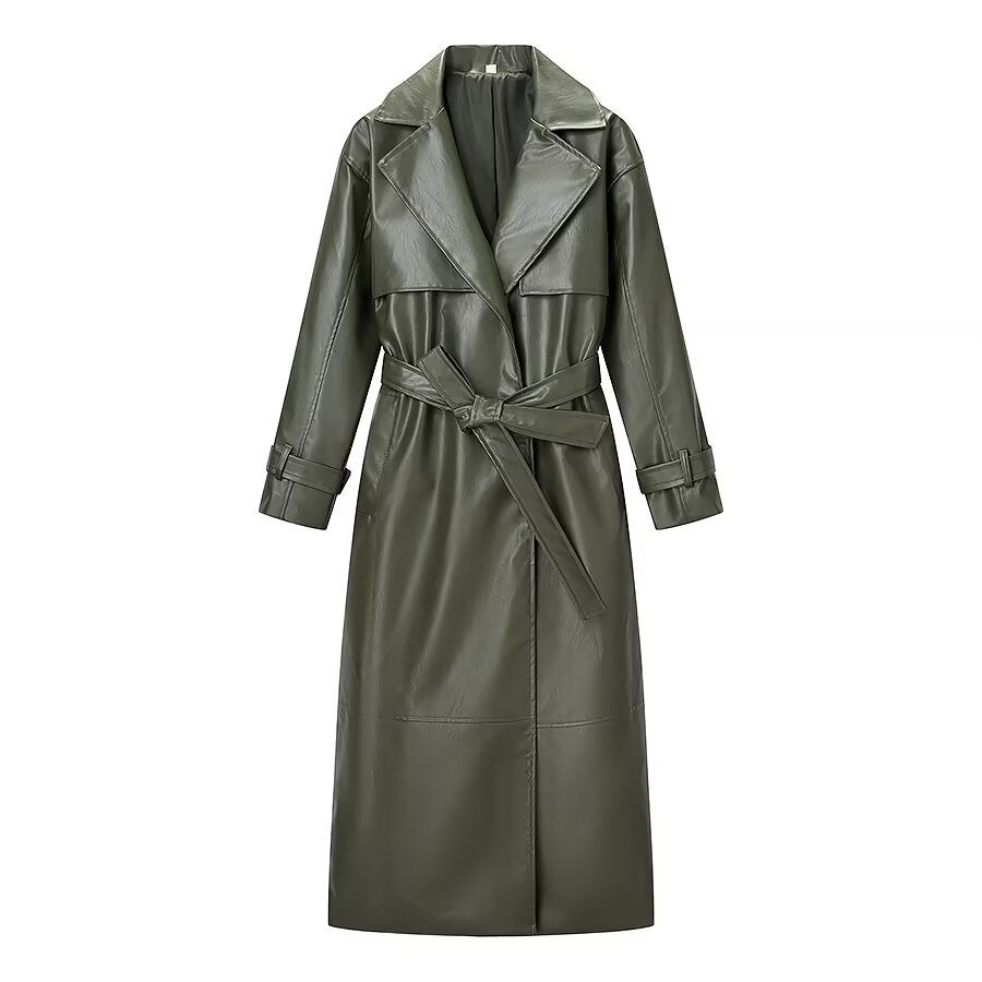 Women Oversize Faux Leather Coat in Trench Coat Style with Wide Lapels Fashion Glam