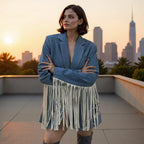 Women's Oversize Suede Look Blazer with Extra Long Fringe Trim and Contrast Stitch Fashion Glam