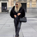 Women Short Cropped Faux Fur Blouson with Voluminous Shawl Collar and Soft Inner Lining Fashion Glam