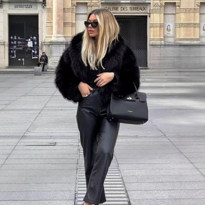 Women Short Cropped Faux Fur Blouson with Voluminous Shawl Collar and Soft Inner Lining Fashion Glam