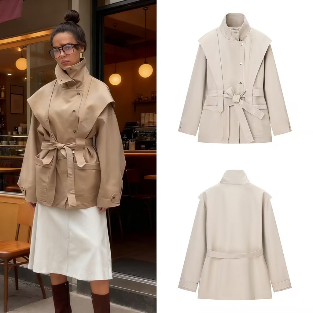 Women's Short Tailored Rain Jacket with Cape Shoulder Detail and Ties Belt Fashion Glam