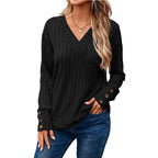 Women's Ribbed V-Neck Knit Sweater with Button Cuffs Fashion Glam