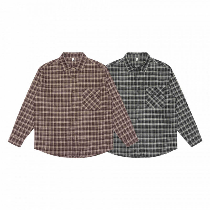 Men's Loose-Fitting Checked Flannel Shirt with Patch Chest Pocket and Rounded Hem Fashion Glam