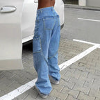 Women's Casual Baggy Cargo Jeans with Adjustable Straps and Flap Pockets Fashion Glam