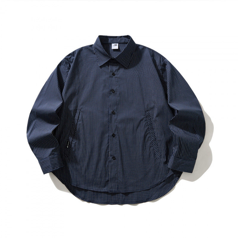 Unisex Lightweight Checked Overshirt with Shirt Collar, Side Pockets, and Curved Hem Fashion Glam