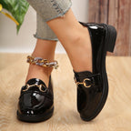 Ladies Patent Leather Platform Loafer with Gold Horsebit Detail and Low Block Heel Fashion Glam
