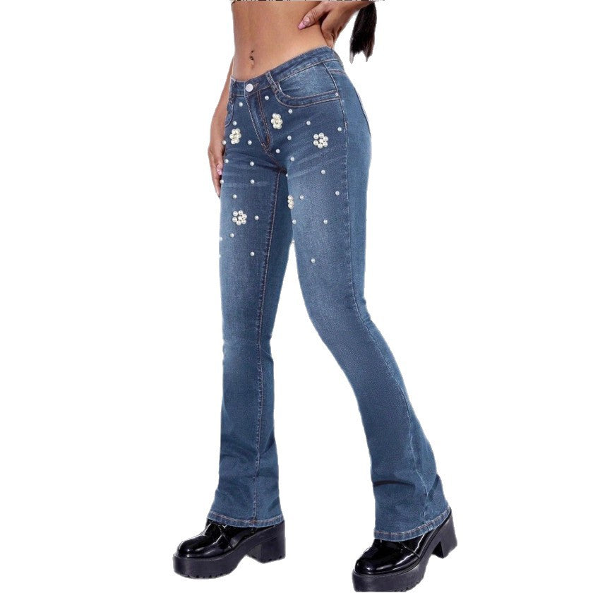 Women's slim bootcut jeans with pearl and flower appliqués Fashion Glam