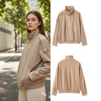 Women's short jacket in suede look with high stand-up collar, shoulder flaps and waist belt Fashion Glam