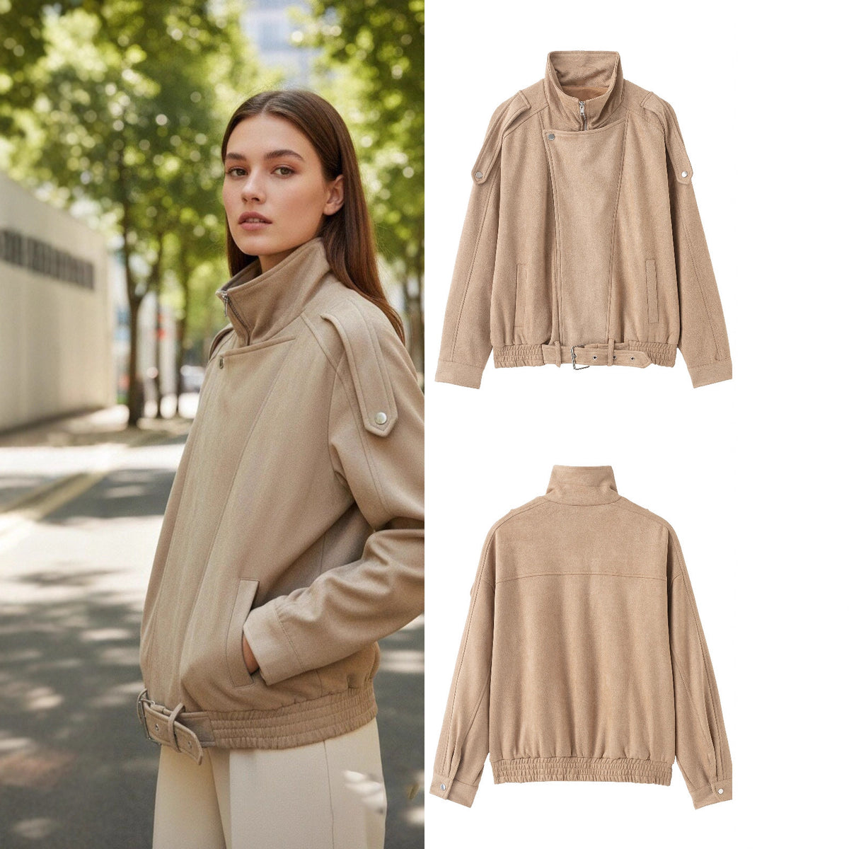 Women's short jacket in suede look with high stand-up collar, shoulder flaps and waist belt Fashion Glam