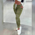 Women's waist-accentuated denim joggers with drawstring, ripped details & sculpting effect Fashion Glam