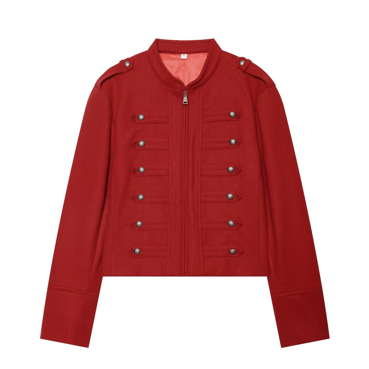 Women's Military Inspired Cropped Wool Blend Jacket with Decorative Button Placket and Stand-Up Collar Fashion Glam