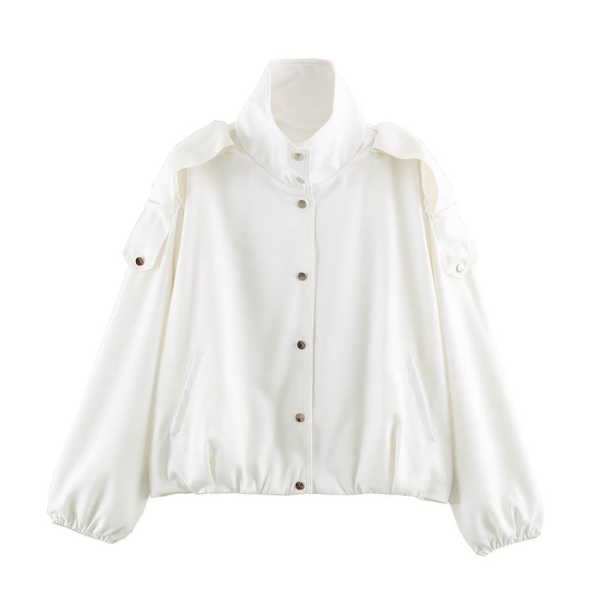 Women's short jacket in oversized bomber style with high stand-up collar and shoulder patches Fashion Glam