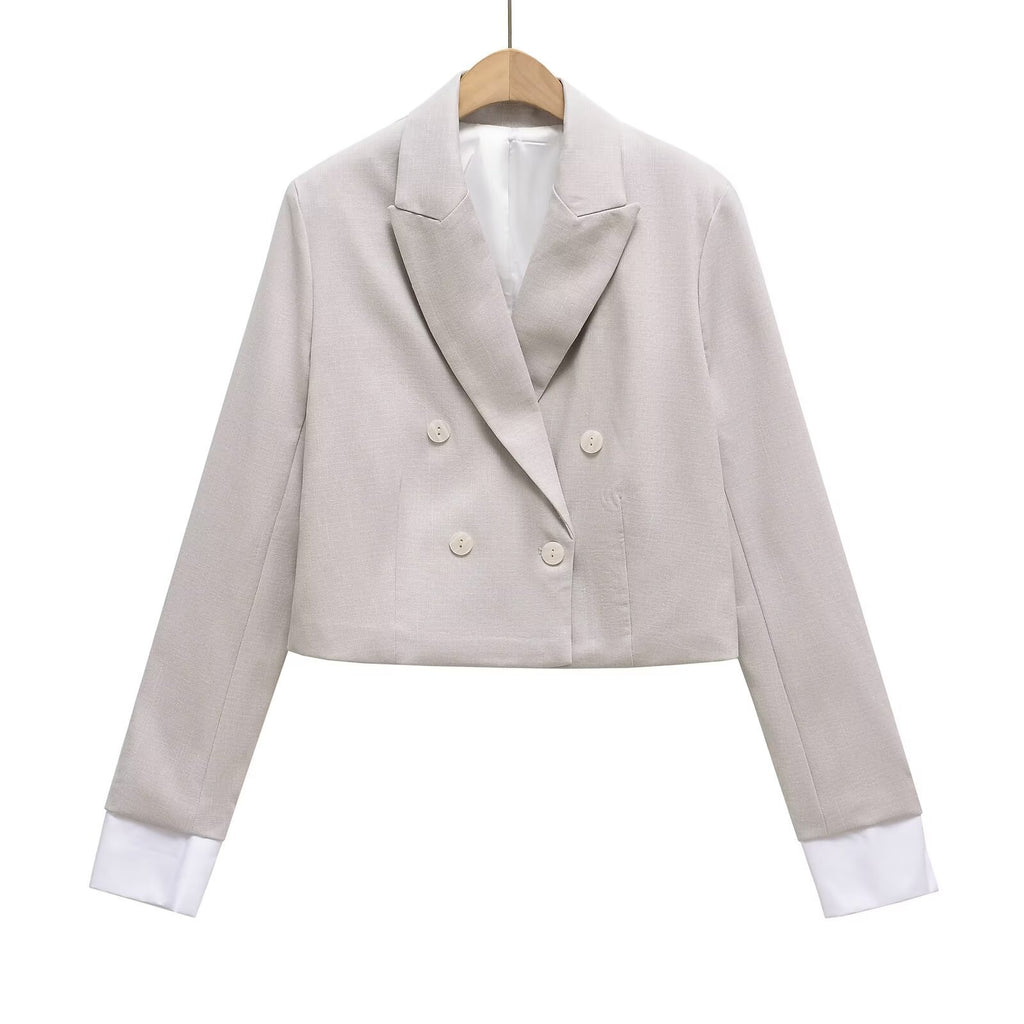 Women Cropped Double-Breasted Blazer with Lapel Collar Fashion Glam