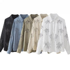 Women's embroidered silk-look blouse with sparkling crystal embellishments and shirt collar Fashion Glam