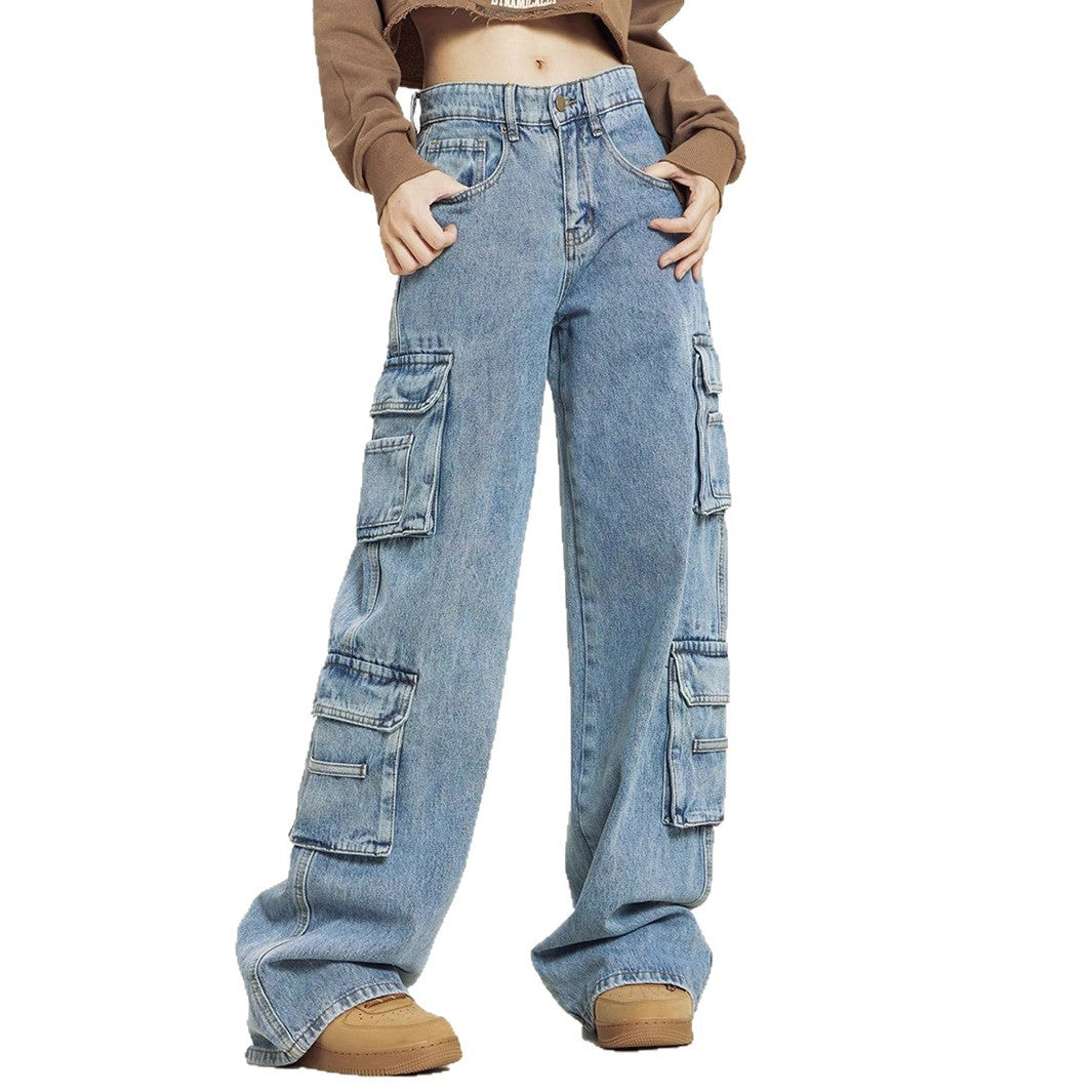 Women's Loose Cargo Denim Jeans with Multiple Flap Pockets and Relaxed Fit Fashion Glam