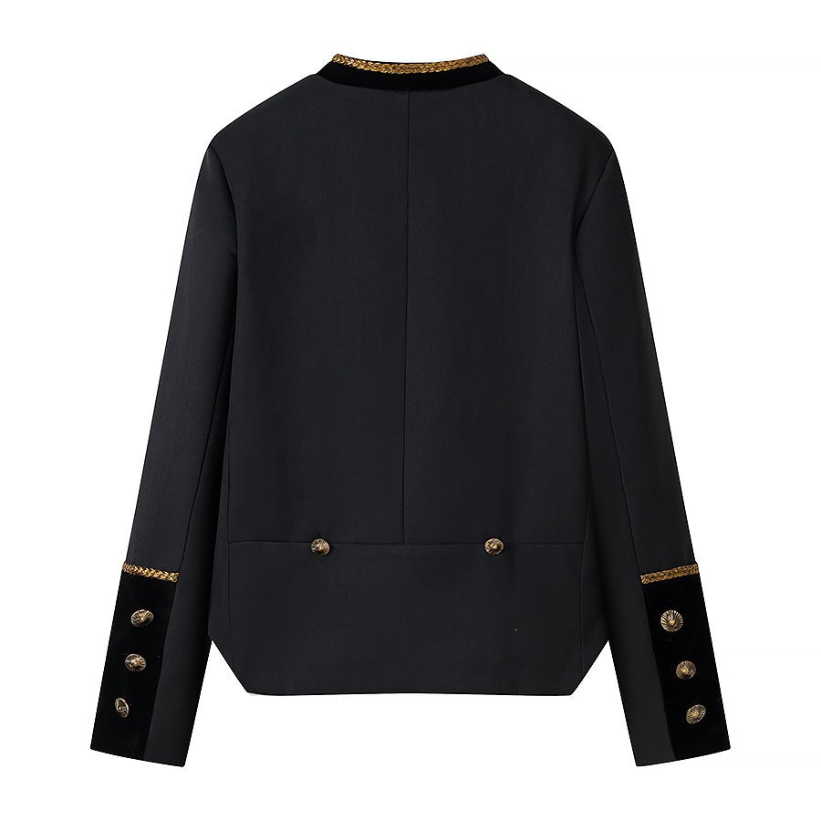 Women's Cropped Parade Military Jacket with Gold Decorative Cord, Stand-Up Collar and Velvet Trim Fashion Glam