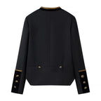 Women's Cropped Parade Military Jacket with Gold Decorative Cord, Stand-Up Collar and Velvet Trim Fashion Glam