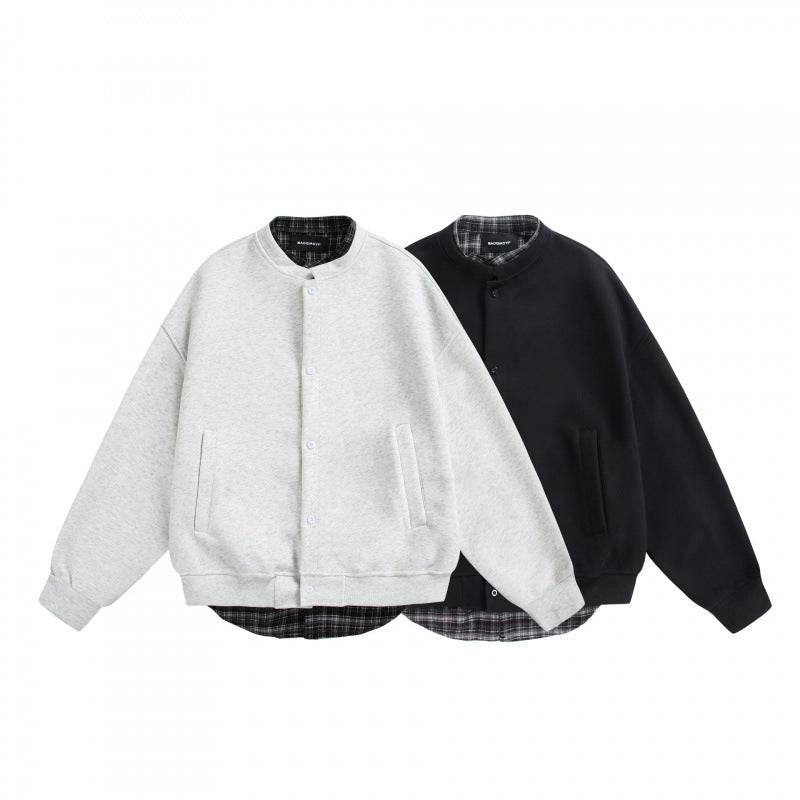 Men's Oversized College-Style Sweat Jacket with Concealed Snap Button Placket and Checked Lining Fashion Glam