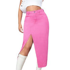 Women’s high-waisted pencil mid-skirt made of stretch denim with central leg slit and five-pocket details Fashion Glam