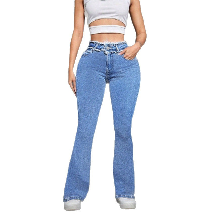 Women High-Waisted Sculpting Flared Jeans with Gathered Waistband and Figure-Shaping Fit Fashion Glam