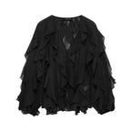 Women Voluminous Chiffon Blouse with Layered Ruffles and Button Placket Fashion Glam