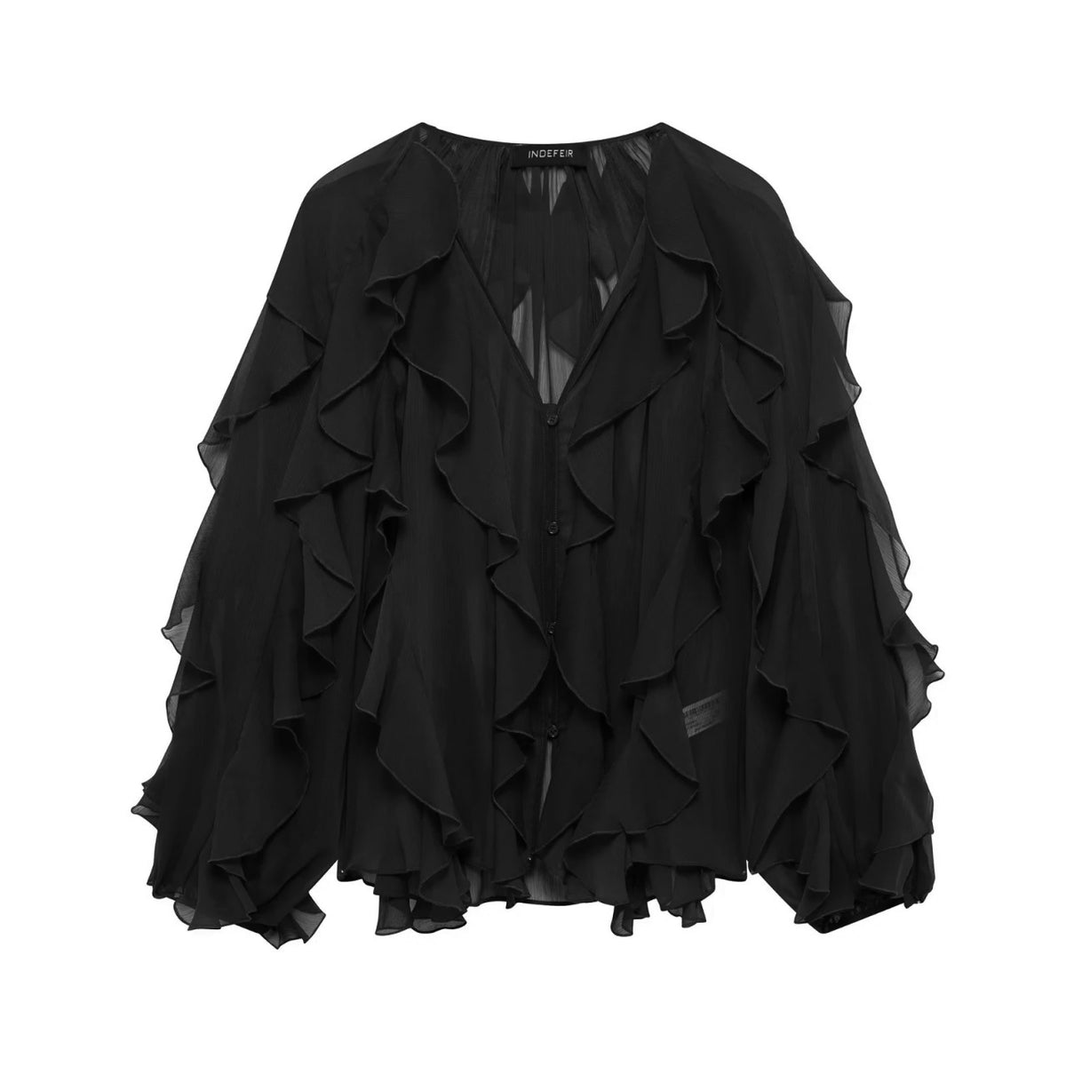 Women Voluminous Chiffon Blouse with Layered Ruffles and Button Placket Fashion Glam